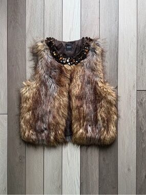 Express y2k beaded and sequined collar faux fur vest